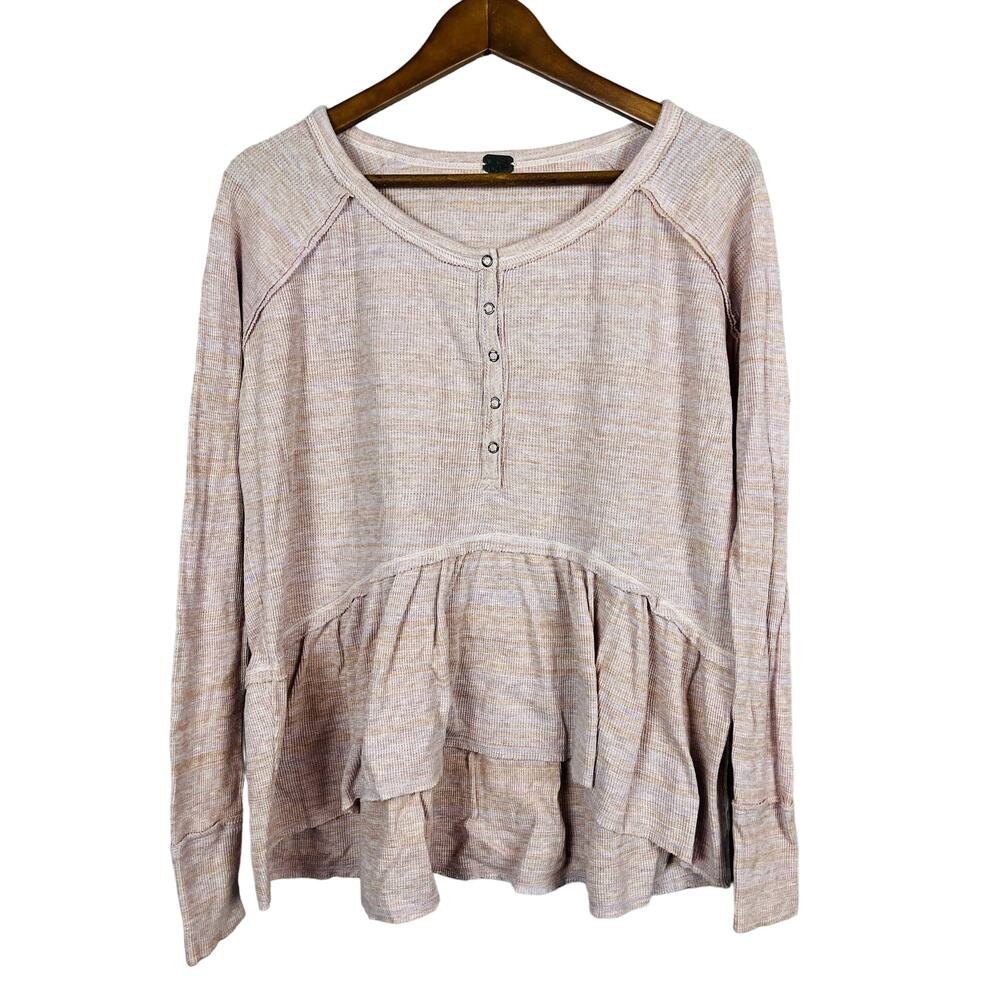 We The Free Waffle Knit Ruffle Hem Top Shirt Pullover - L